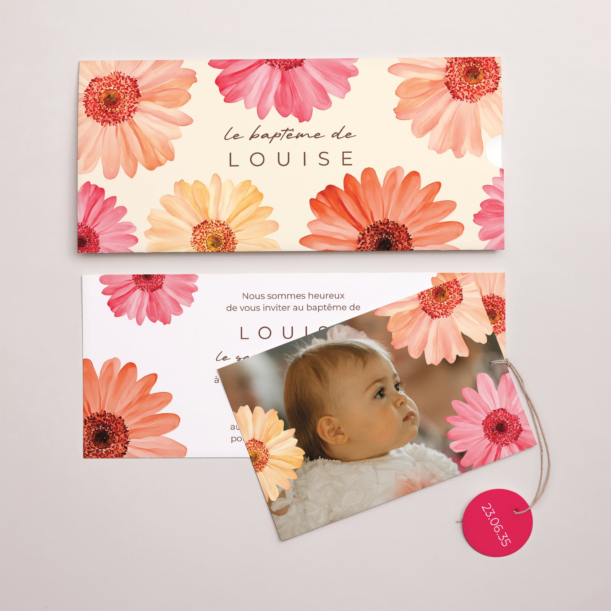 Faire-part Baptême Pochette 2 cartes, étiquette Pétales de Grâce photo N° 3