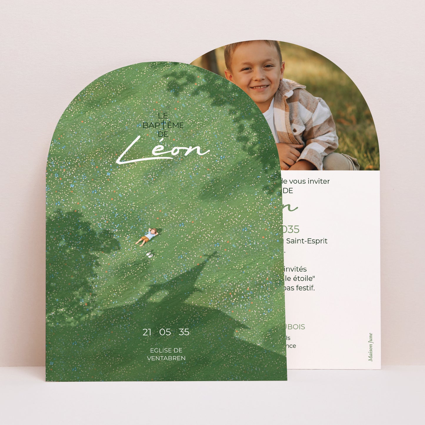 Faire-part Baptême Petite arche Son baptême dans l'herbe photo N° 1