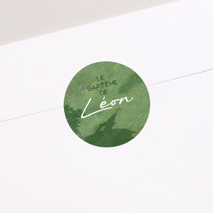 Sticker Baptême Rond Son baptême dans l'herbe photo N° 1