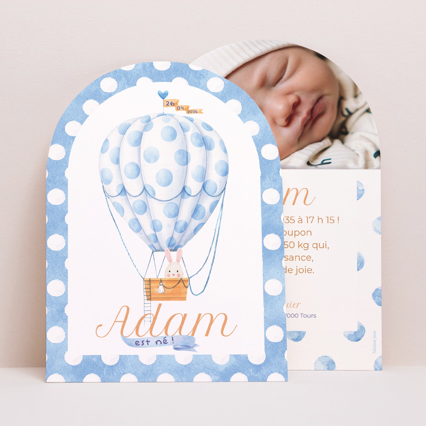 Faire-part Naissance Petite arche Montgolfière à pois photo N° 1