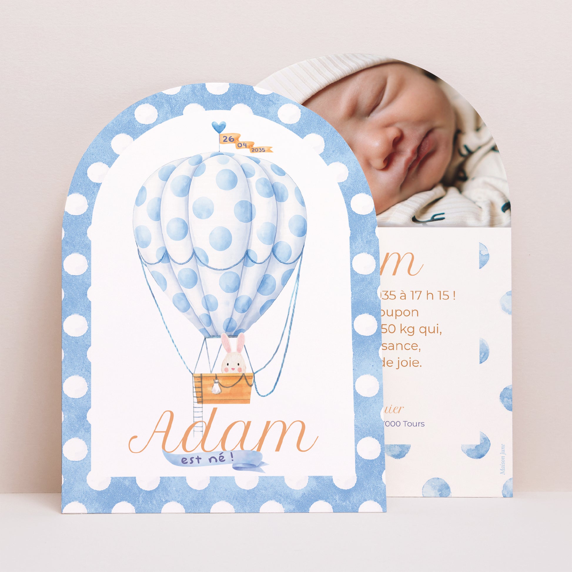 Faire-part Naissance Petite arche Montgolfière à pois photo N° 1