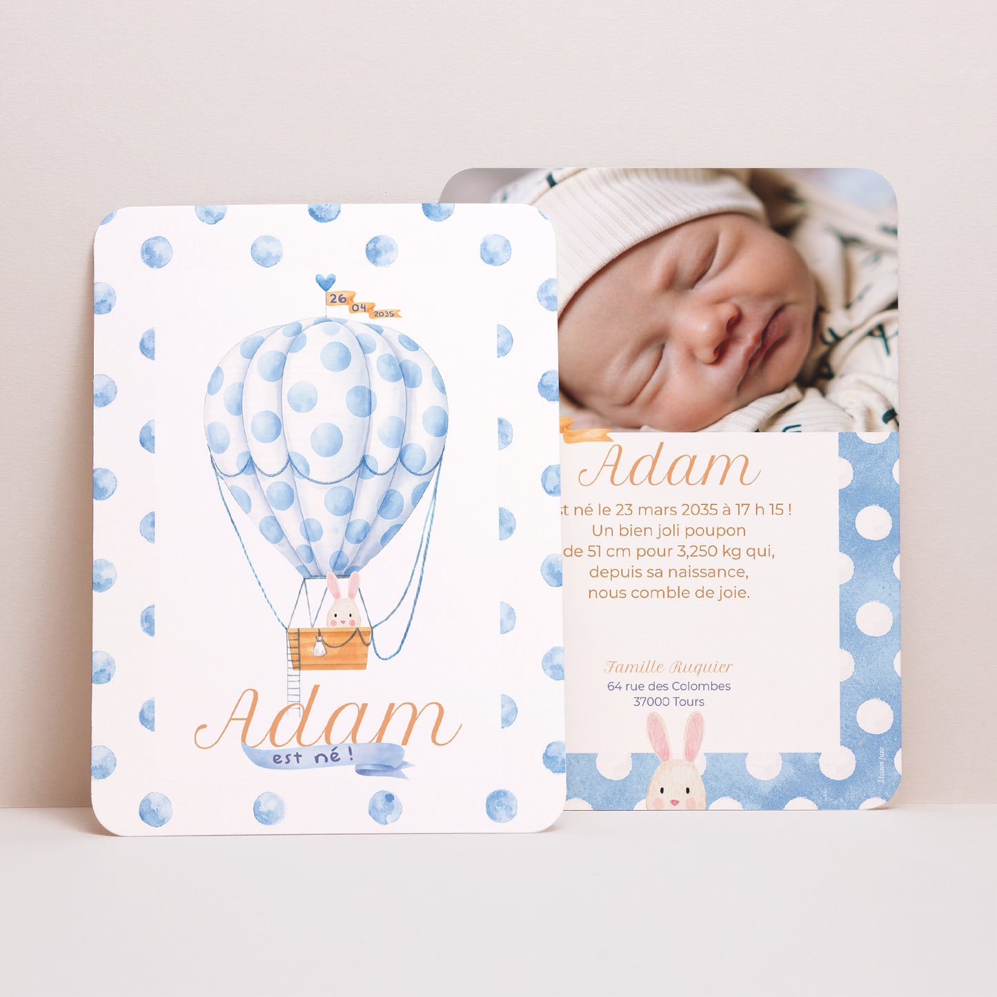 Faire-part Naissance Portrait, bords arrondis Montgolfière à pois photo N° 1