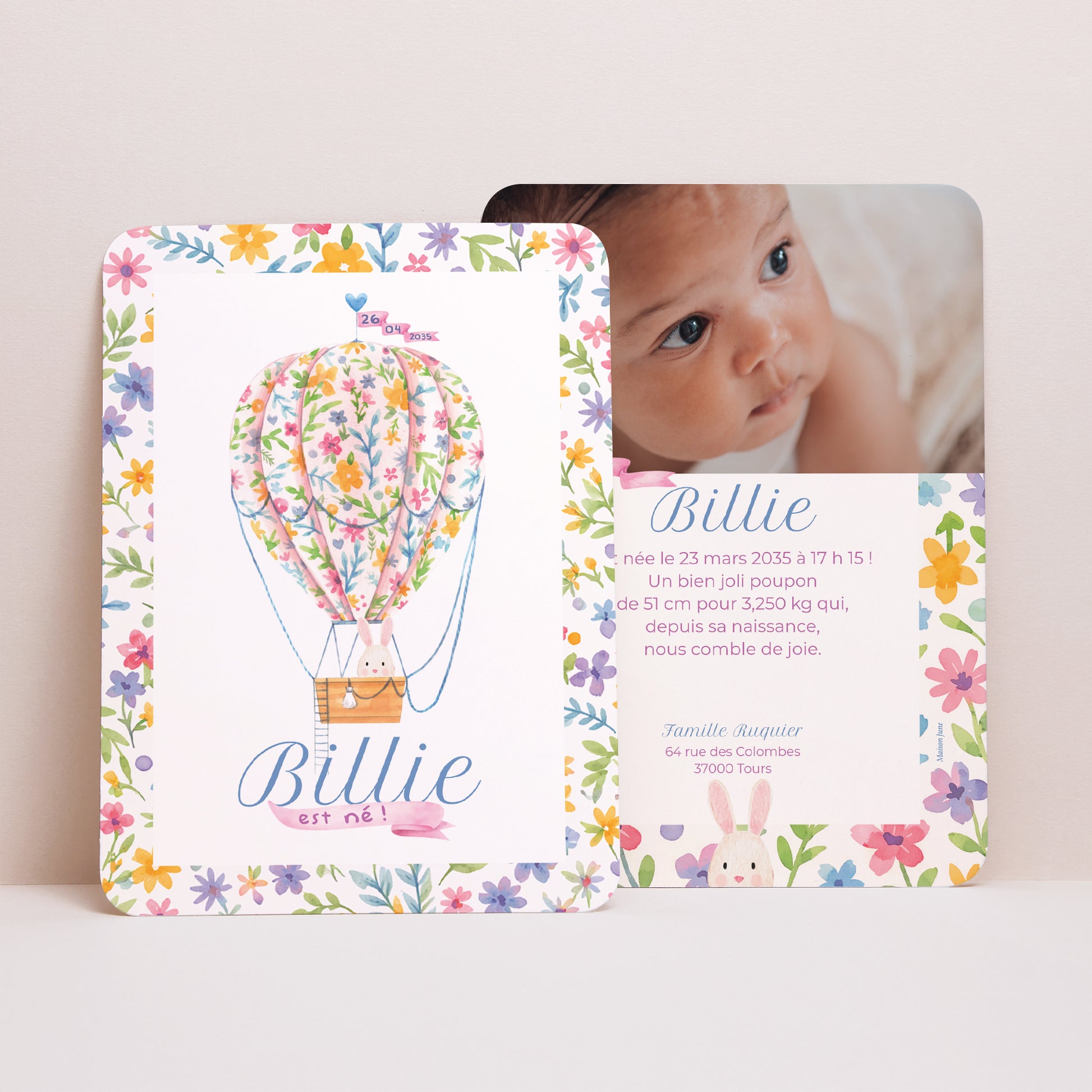 Faire-part Naissance Portrait, bords arrondis Montgolfière fleurie photo N° 1