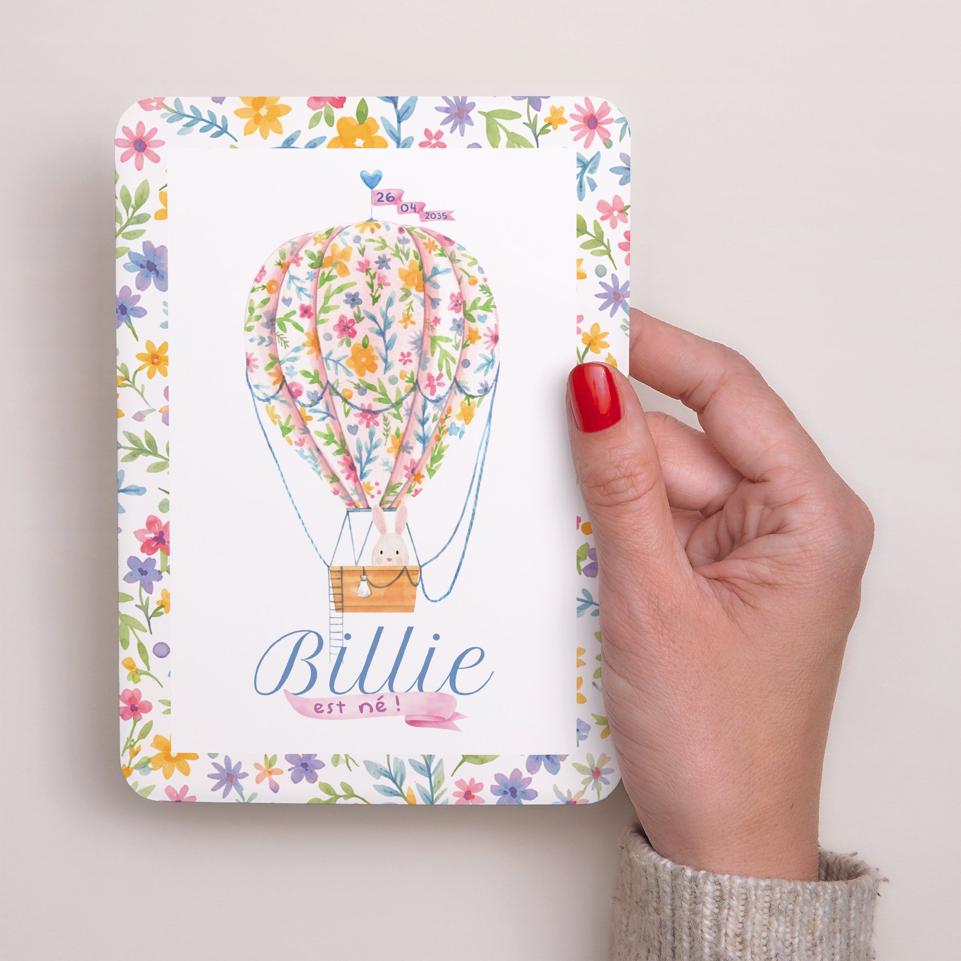 Faire-part Naissance Portrait, bords arrondis Montgolfière fleurie photo N° 2
