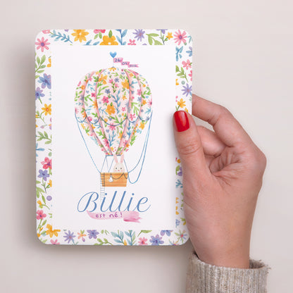 Faire-part Naissance Portrait, bords arrondis Montgolfière fleurie photo N° 2