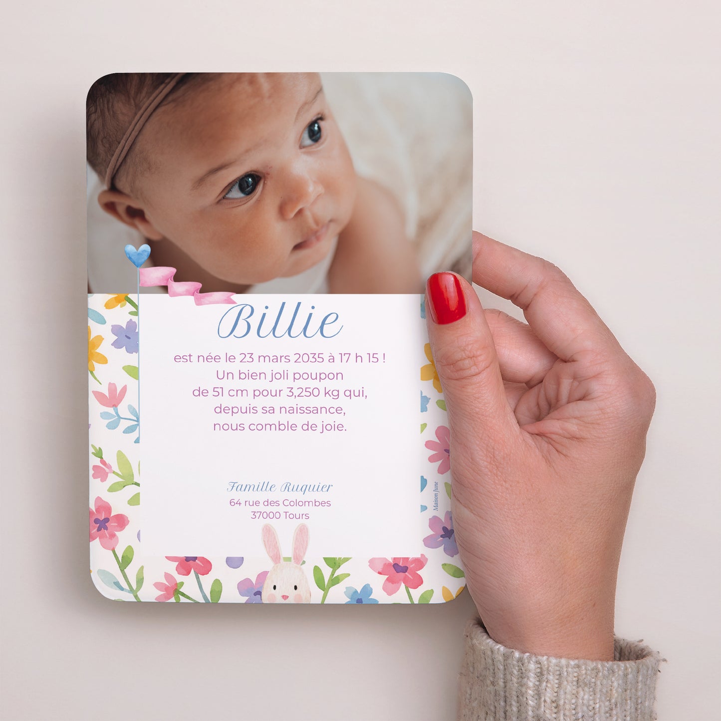 Faire-part Naissance Portrait, bords arrondis Montgolfière fleurie photo N° 3