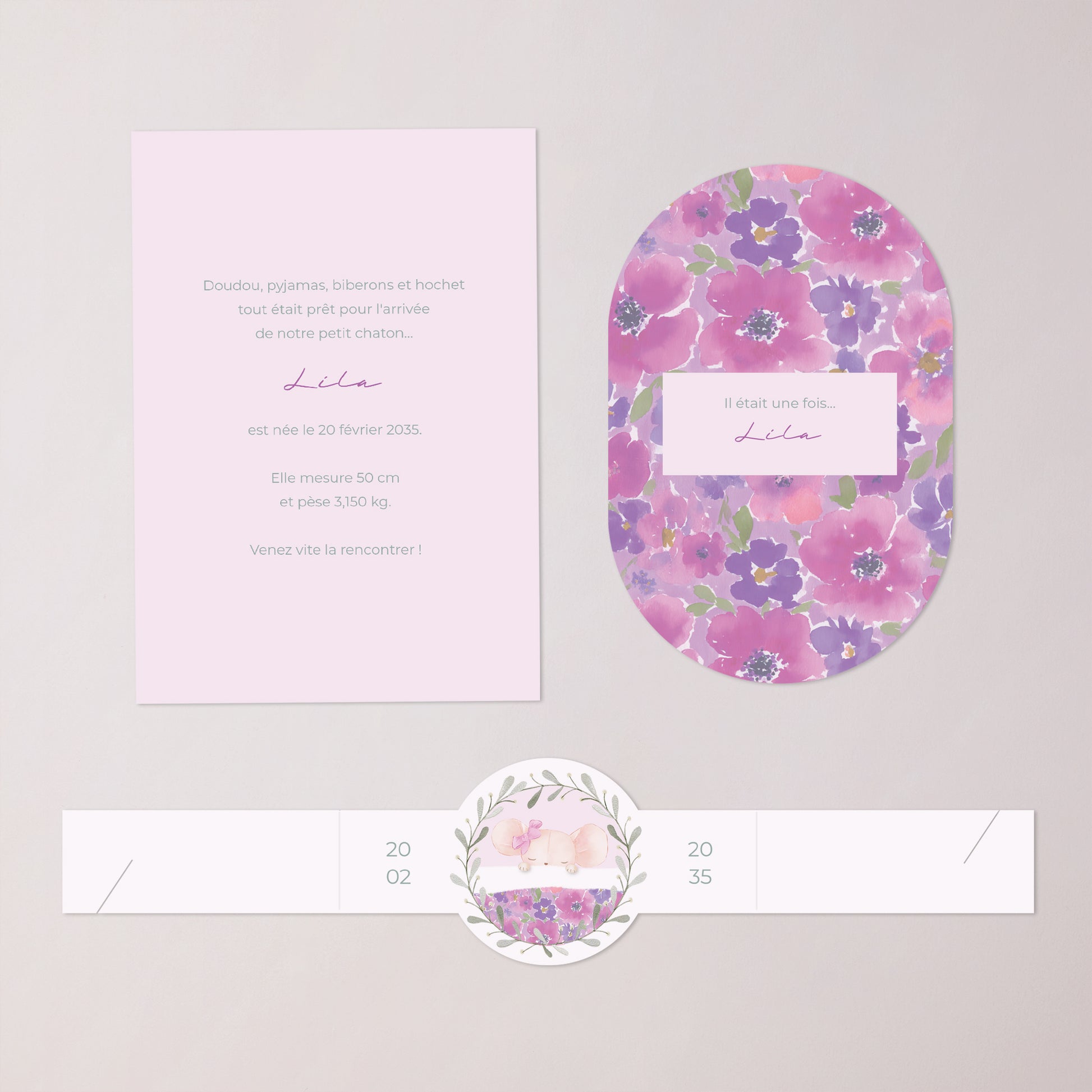 Faire-part Naissance bandeau, 2 cartes Souris d’Amour photo N° 3