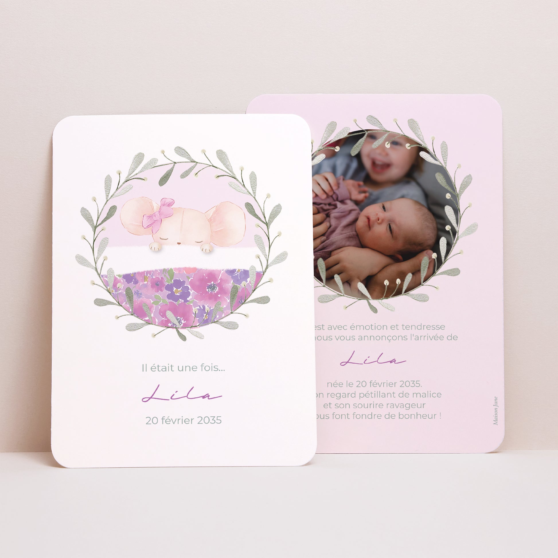 Faire-part Naissance Portrait, bords arrondis Souris d’Amour photo N° 1