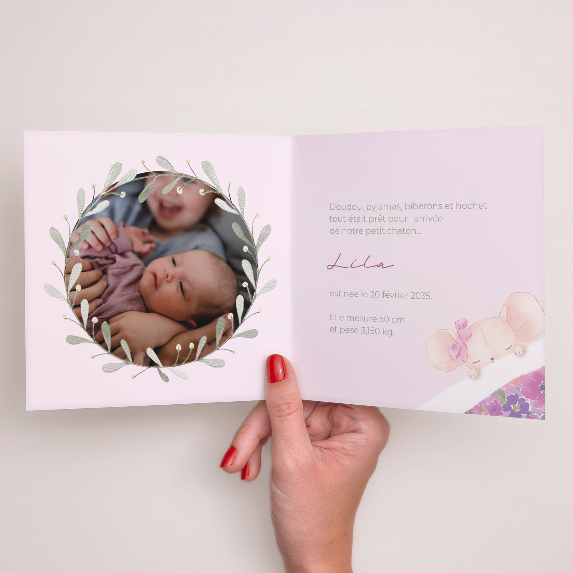 Faire-part Naissance Carré double volet Souris d’Amour photo N° 2