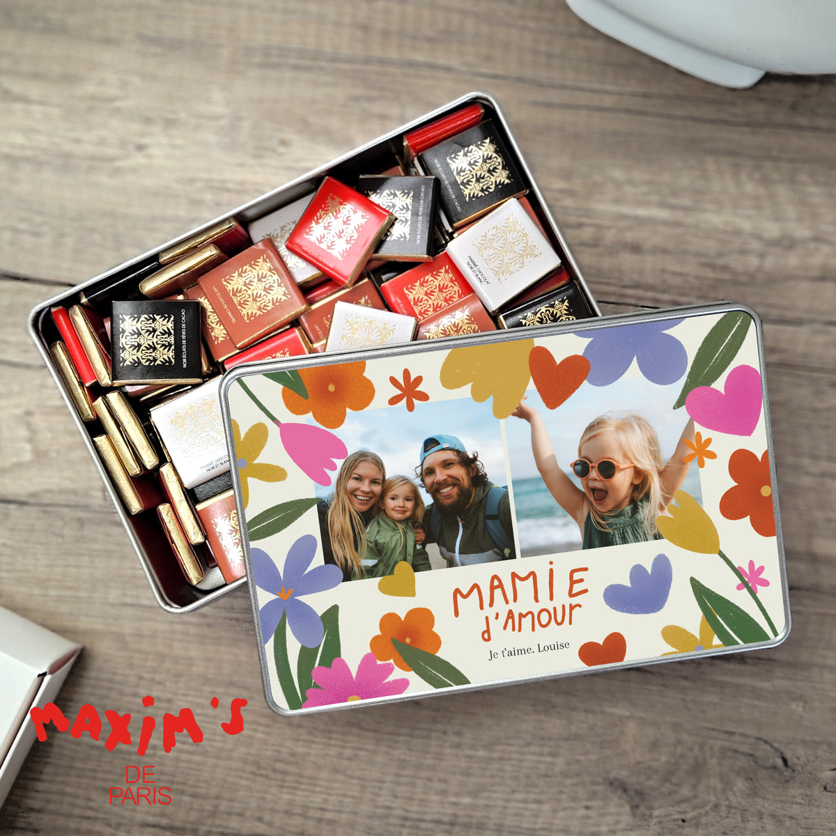 Boite métallique rectangle, garnie de chocolats Mamie en or photo N° 1
