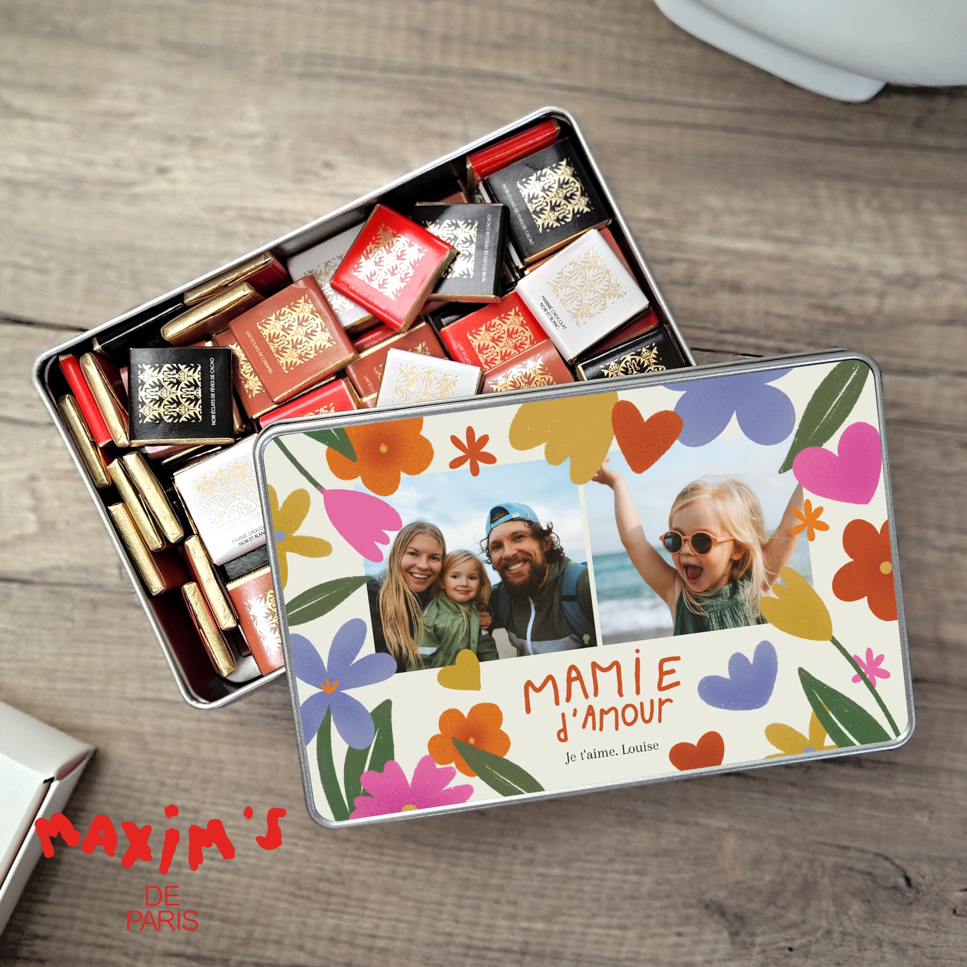 Boite métallique rectangle, garnie de chocolats Mamie en or photo N° 1