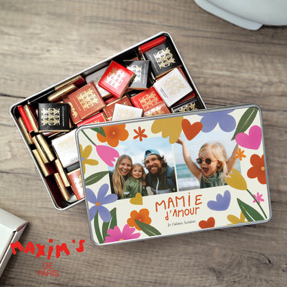 Boite métallique rectangle, garnie de chocolats Mamie en or photo N° 1