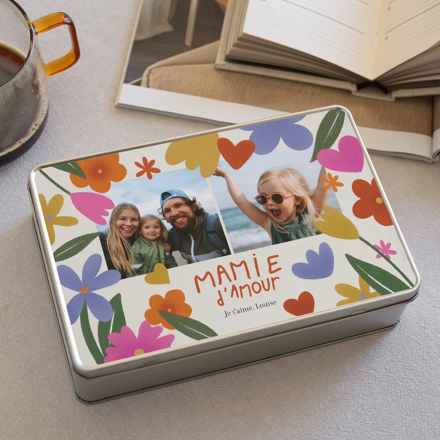 Boite métallique rectangle, garnie de chocolats Mamie en or photo N° 2