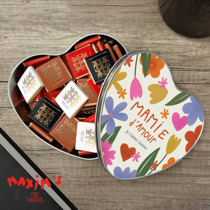 Boite métallique coeur, garnie de chocolats Mamie en or photo N° 1