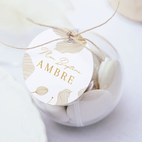 Boîte à dragées Baptême boule avec étiquette ronde Éclats du Jardin Sacré photo