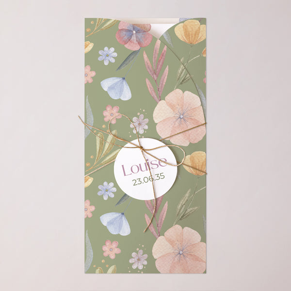 Faire-part Naissance Pochette, 2 cartes, étiquette ronde Botanica photo