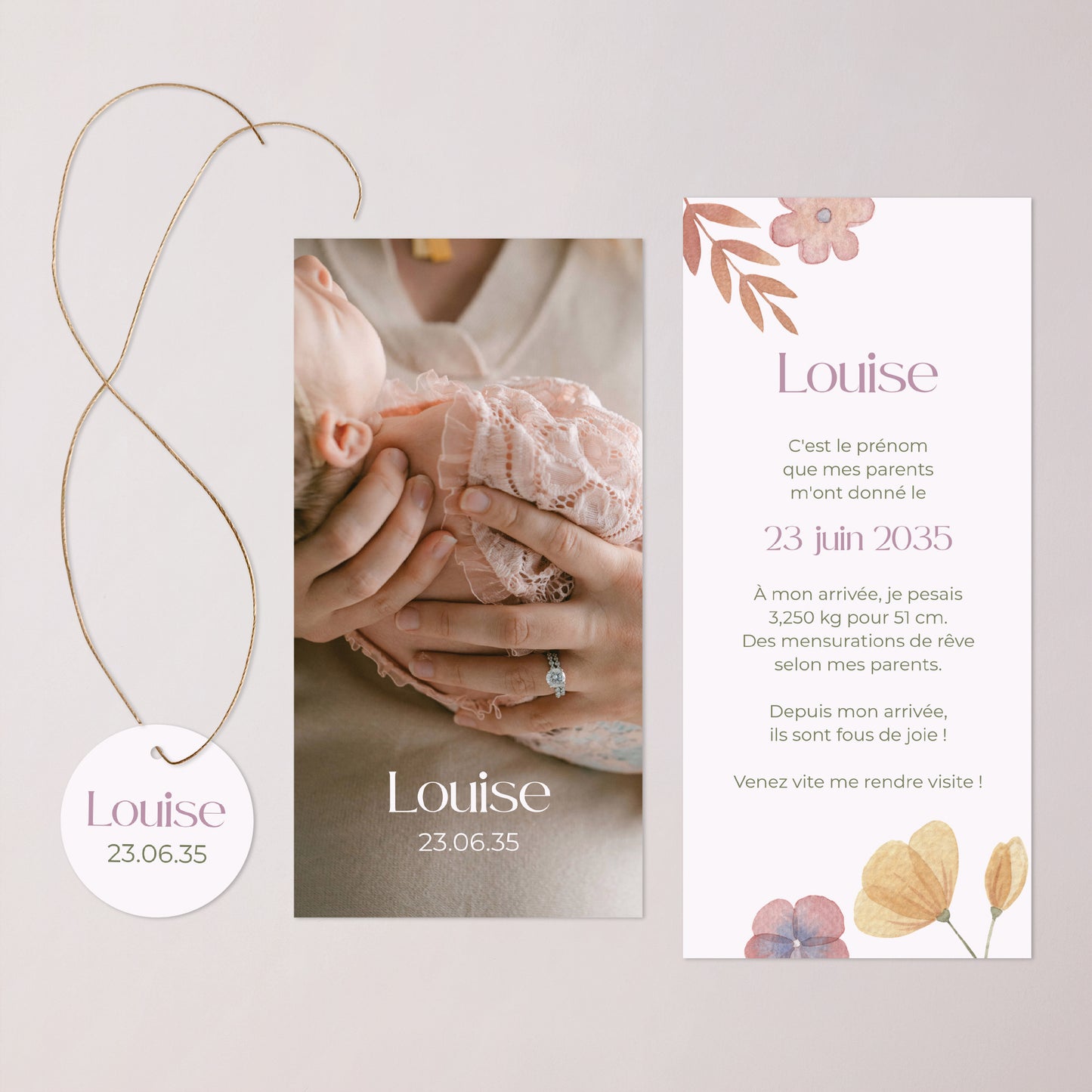 Faire-part Naissance Pochette, 2 cartes, étiquette ronde Botanica photo N° 3
