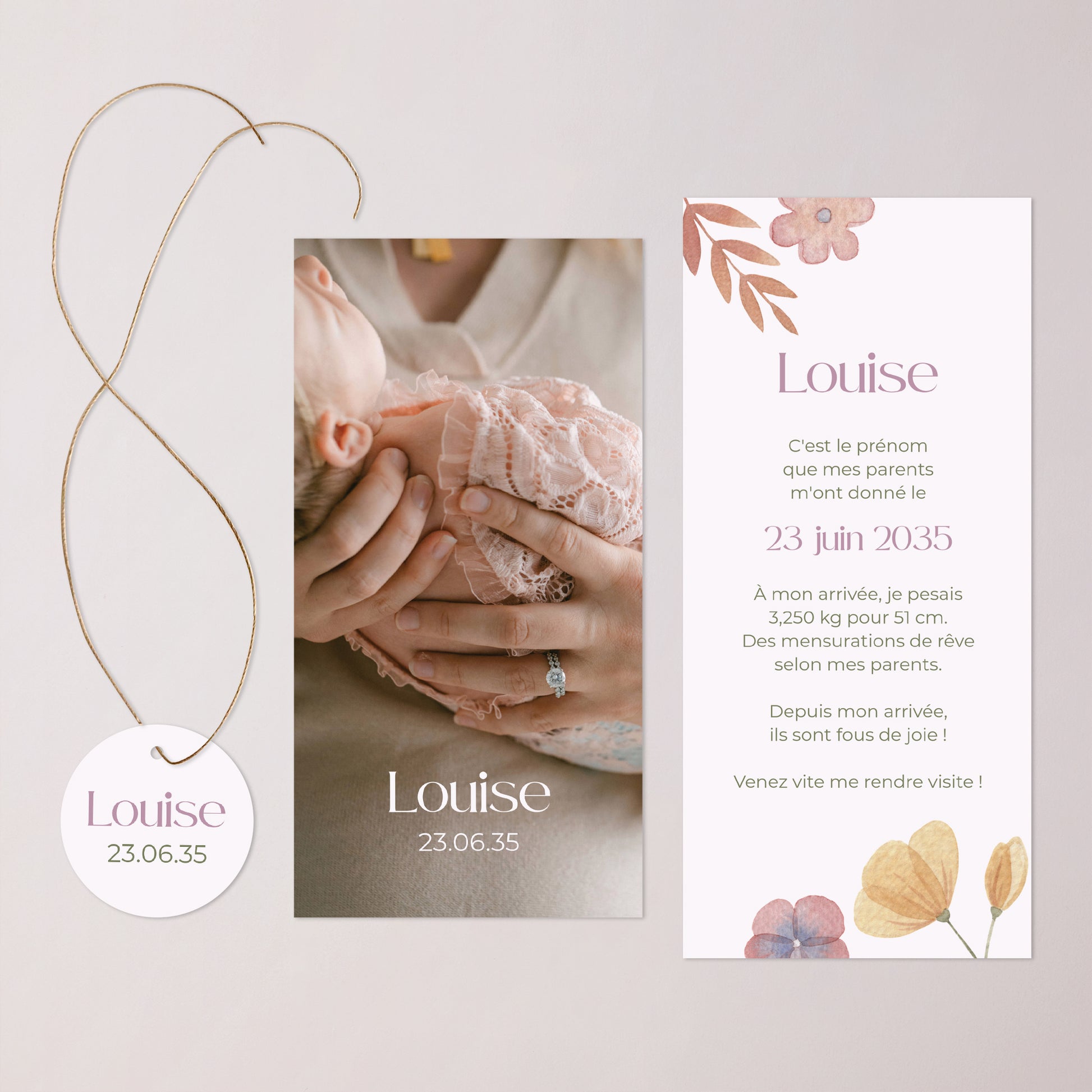 Faire-part Naissance Pochette, 2 cartes, étiquette ronde Botanica photo N° 3