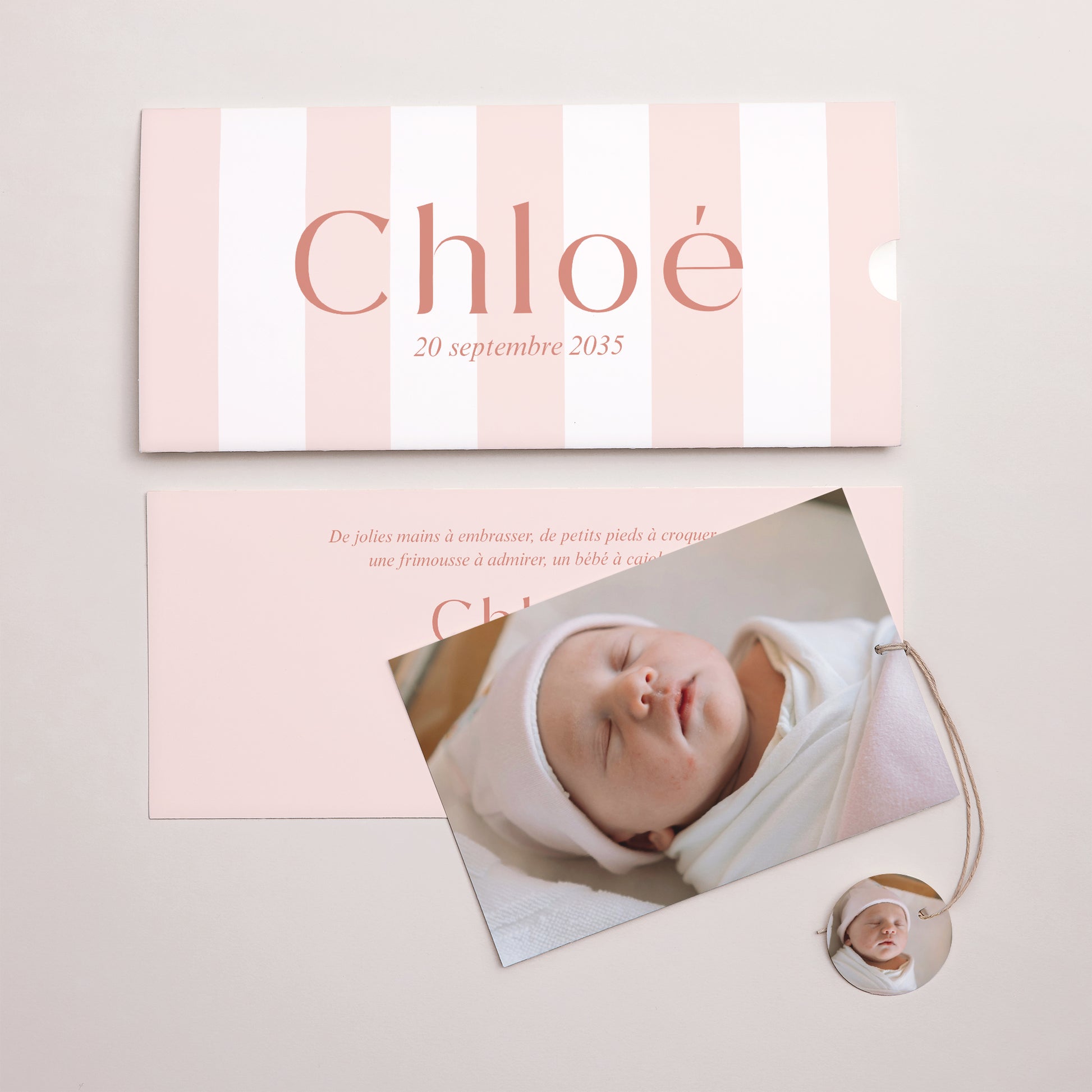 Faire-part Naissance Pochette 2 cartes, étiquette La vie en rose photo N° 3