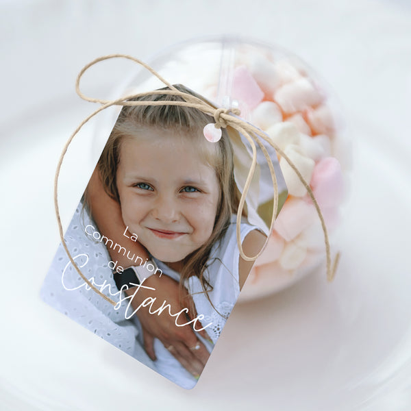Boîte à dragées Communion boule avec étiquette fanion La Mélodie du Cœur photo