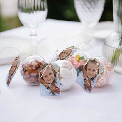 Boîte à dragées Communion boule avec étiquette fanion La Mélodie du Cœur photo N° 2