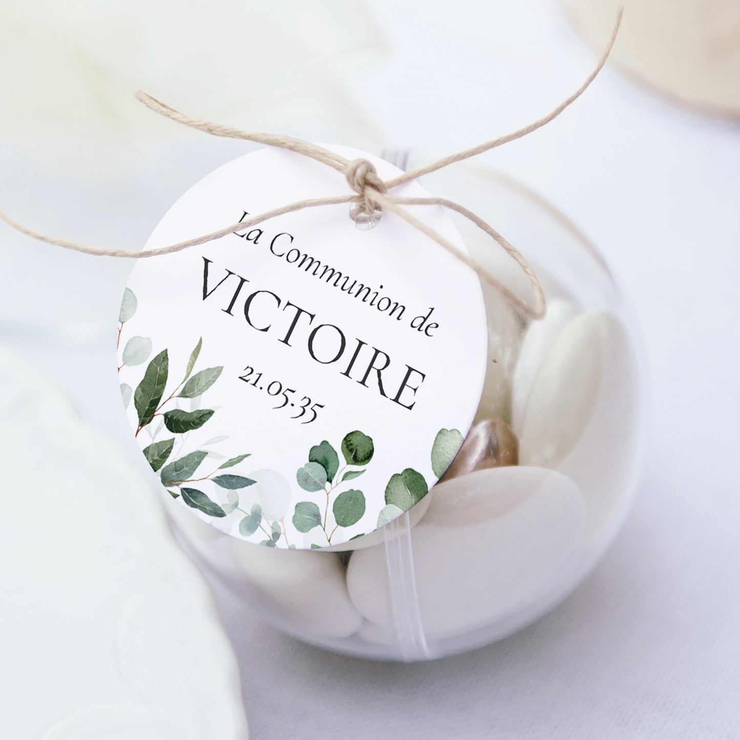 Boîte à dragées Communion boule avec étiquette ronde Chemin de Lumière photo N° 1