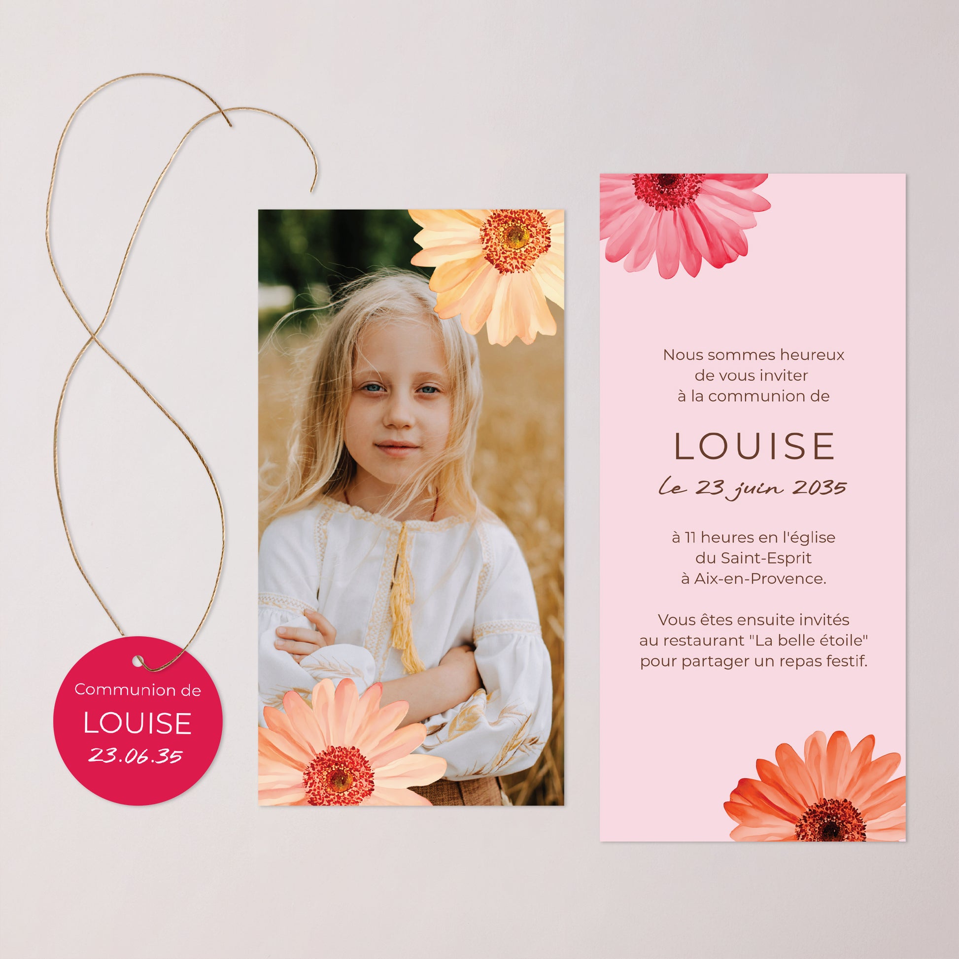 Faire-part Communion Pochette, 2 cartes, étiquette ronde Pétales de Lumière photo N° 3