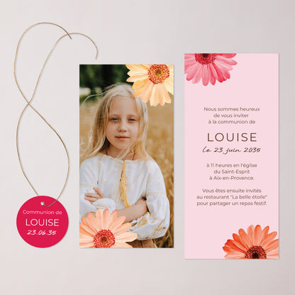 Faire-part Communion Pochette, 2 cartes, étiquette ronde Pétales de Lumière photo N° 3