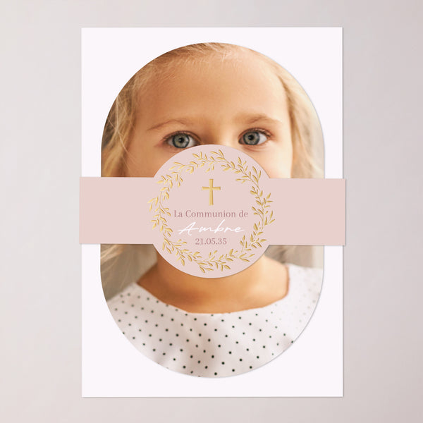 Faire-part Communion bandeau, 2 cartes Bénédiction Dorée Rose photo