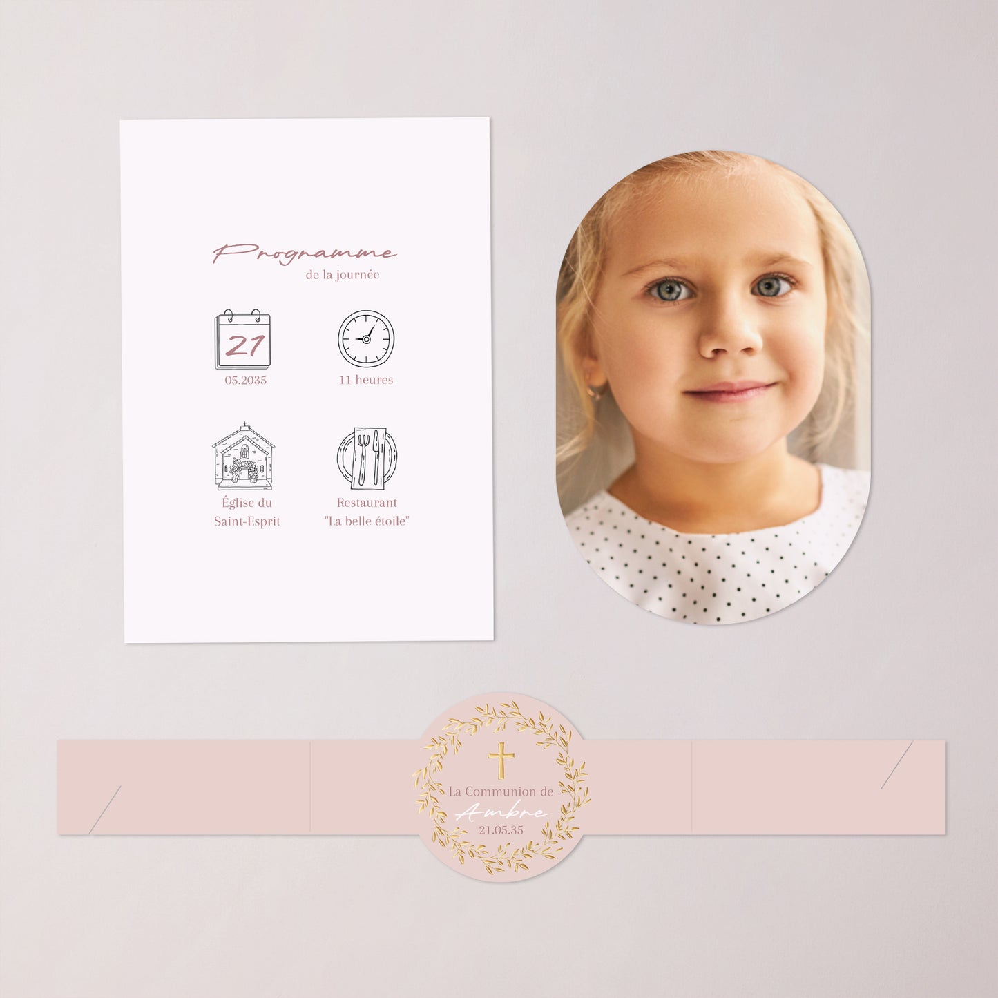 Faire-part Communion bandeau, 2 cartes Bénédiction Dorée Rose photo N° 3