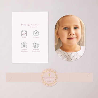 Faire-part Communion bandeau, 2 cartes Bénédiction Dorée Rose photo N° 3