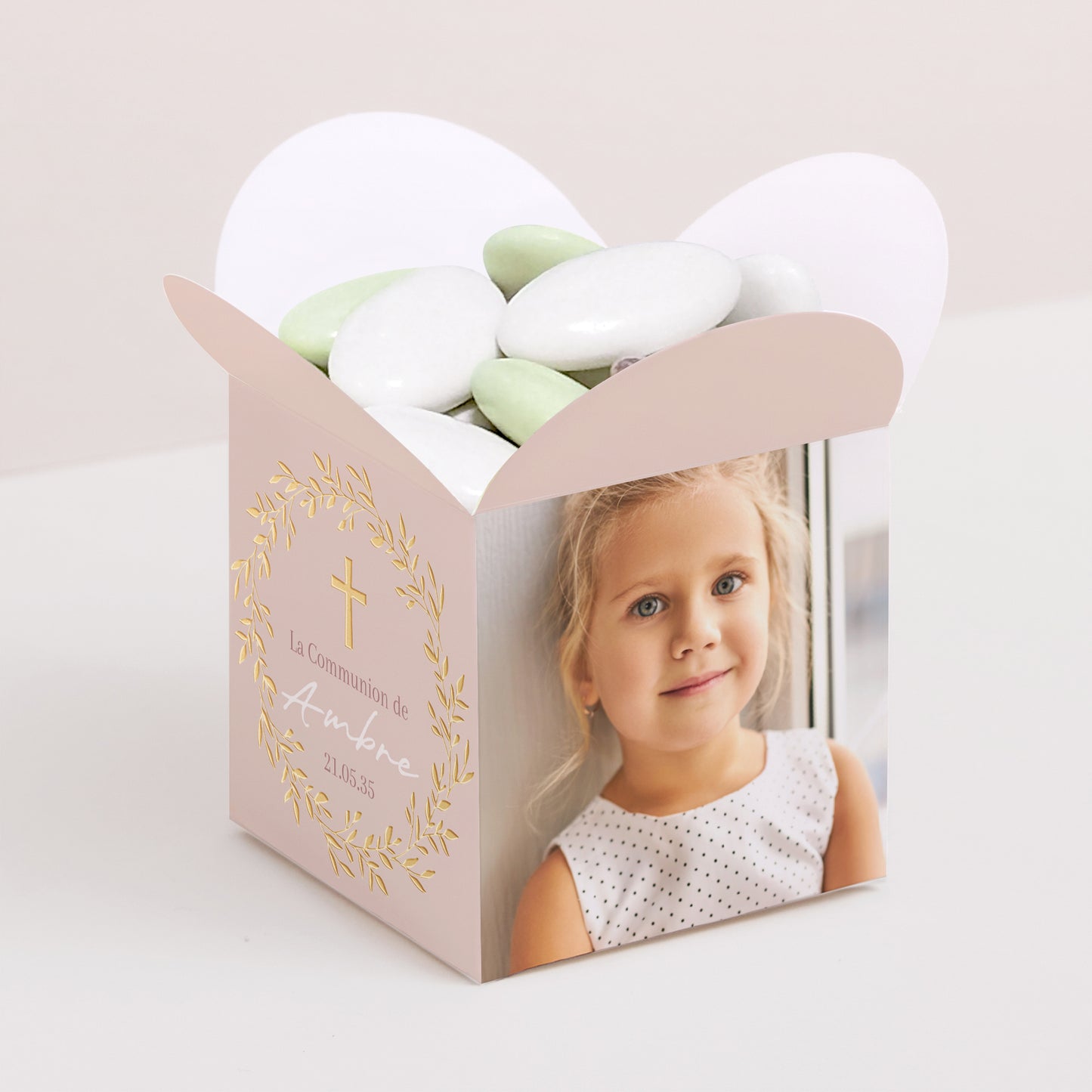 Boîte à dragées Communion Ouverture papillon Bénédiction Dorée Rose photo N° 1