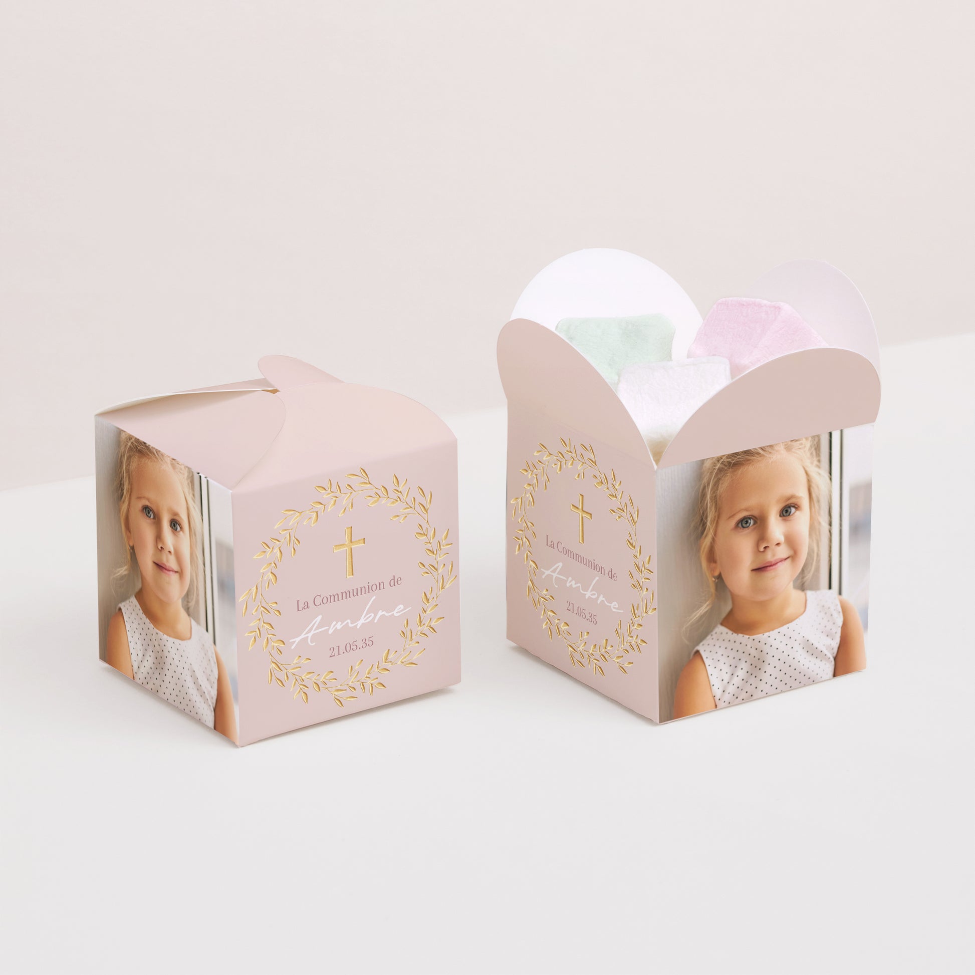 Boîte à dragées Communion Ouverture papillon Bénédiction Dorée Rose photo N° 2