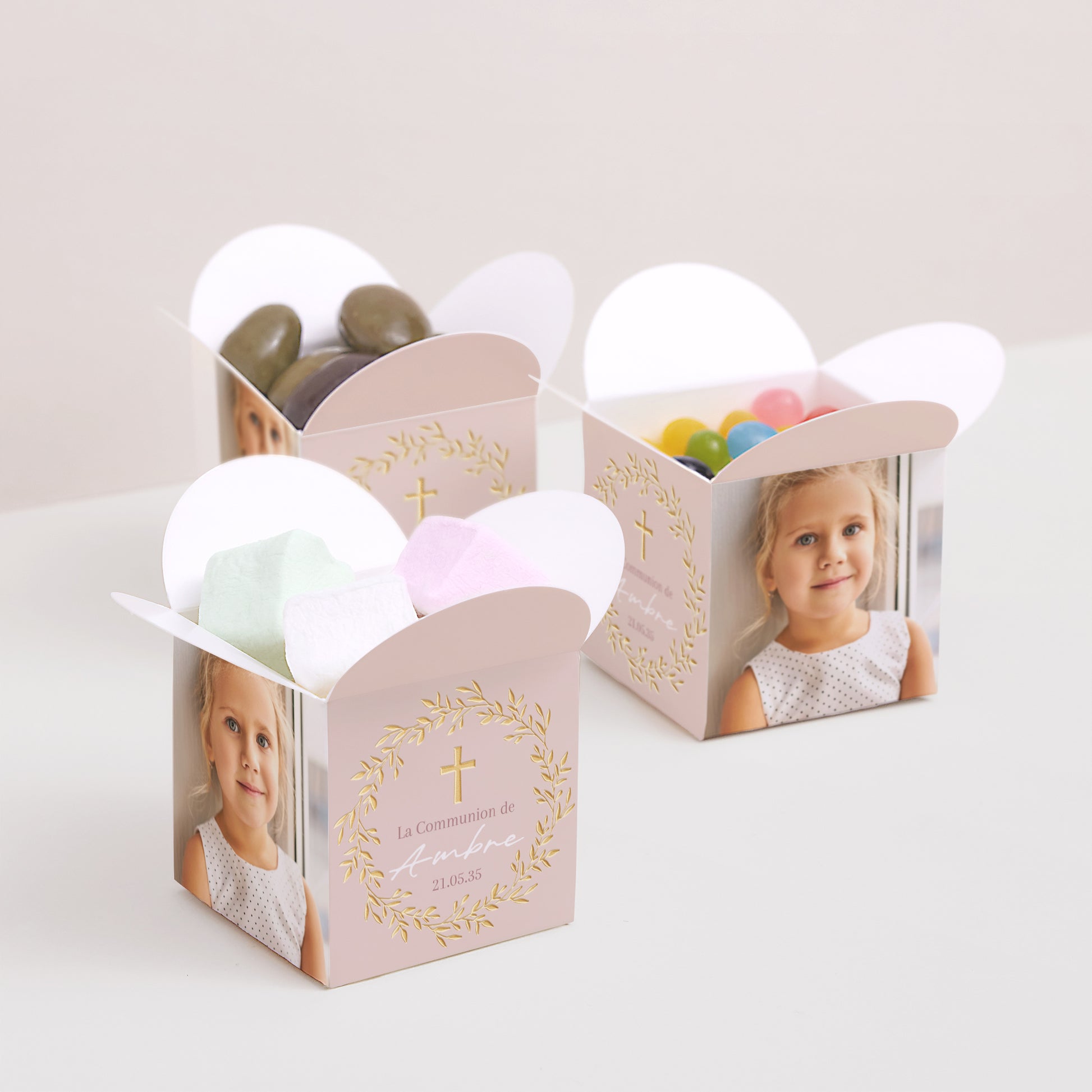 Boîte à dragées Communion Ouverture papillon Bénédiction Dorée Rose photo N° 3