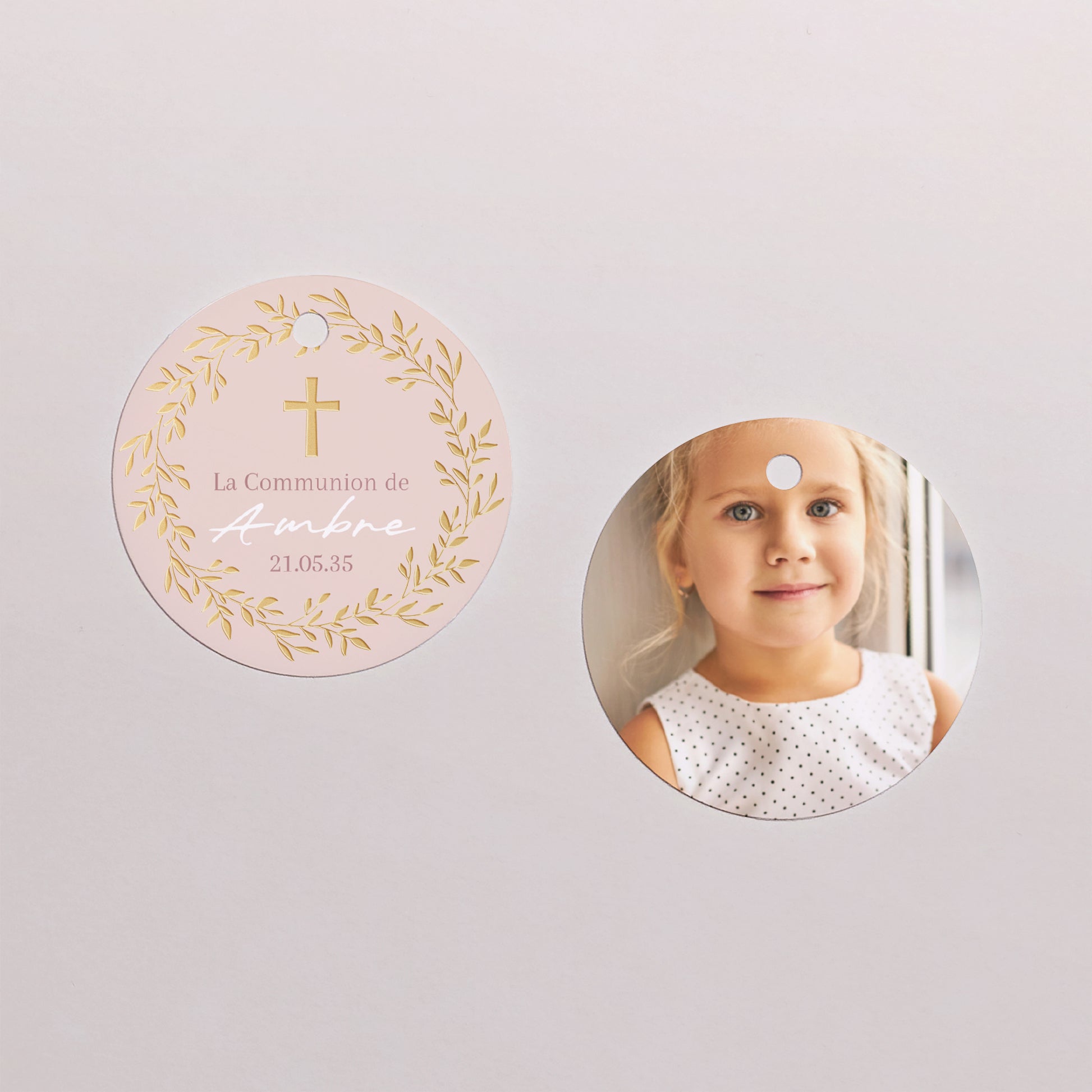 Boîte à dragées Communion boule avec étiquette ronde Bénédiction Dorée Rose photo N° 3