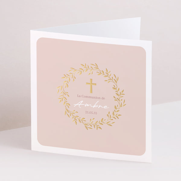 Faire-part Communion Carré double volet Bénédiction Dorée Rose photo