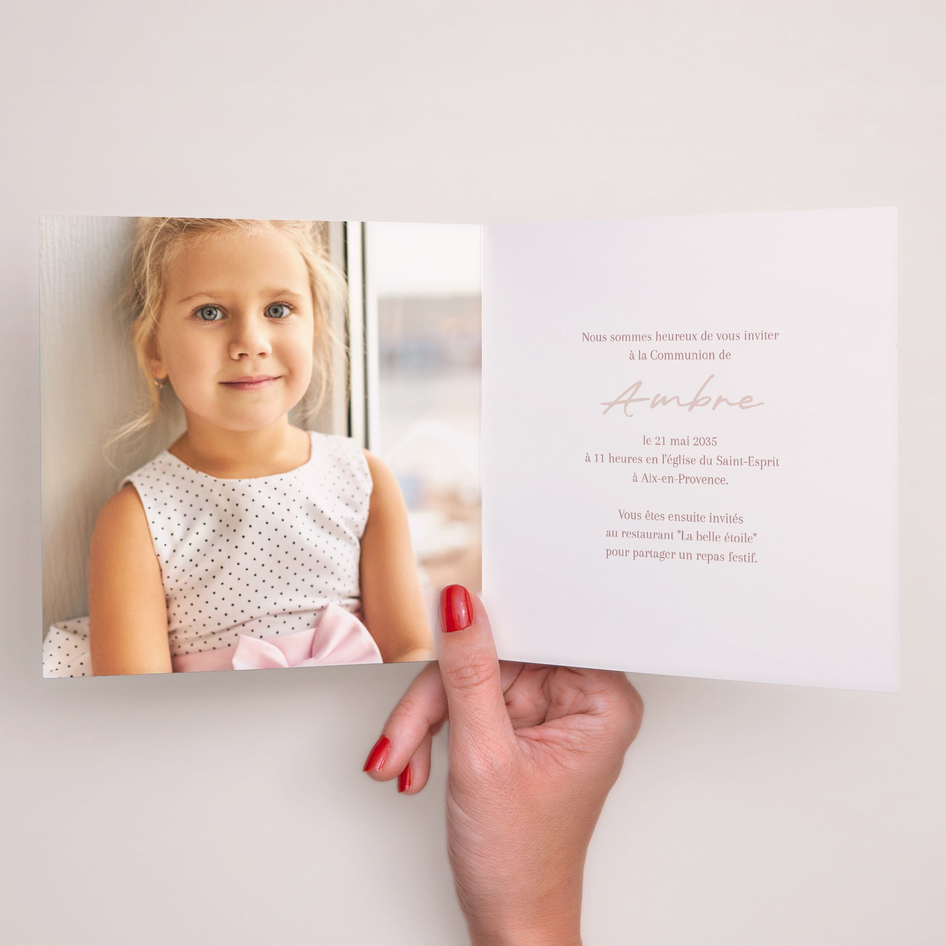 Faire-part Communion Carré double volet Bénédiction Dorée Rose photo N° 2
