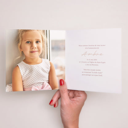 Faire-part Communion Carré double volet Bénédiction Dorée Rose photo N° 2