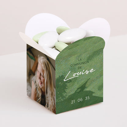 Boîte à dragées Communion Ouverture papillon Une communion dans l'herbe photo N° 1