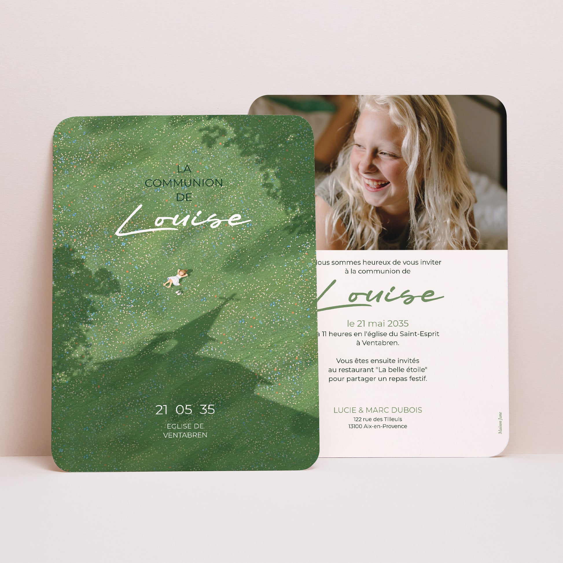 Faire-part Communion Portrait, bords arrondis Une communion dans l'herbe photo N° 1