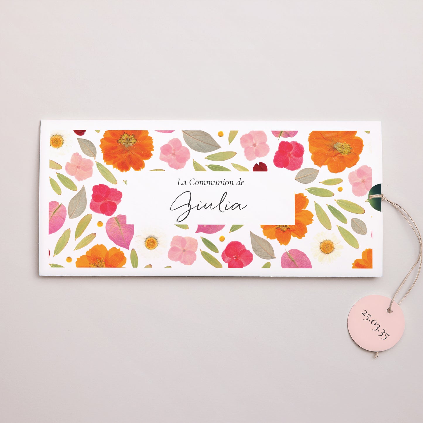 Faire-part Communion Pochette 2 cartes, étiquette Brise de Printemps photo N° 1