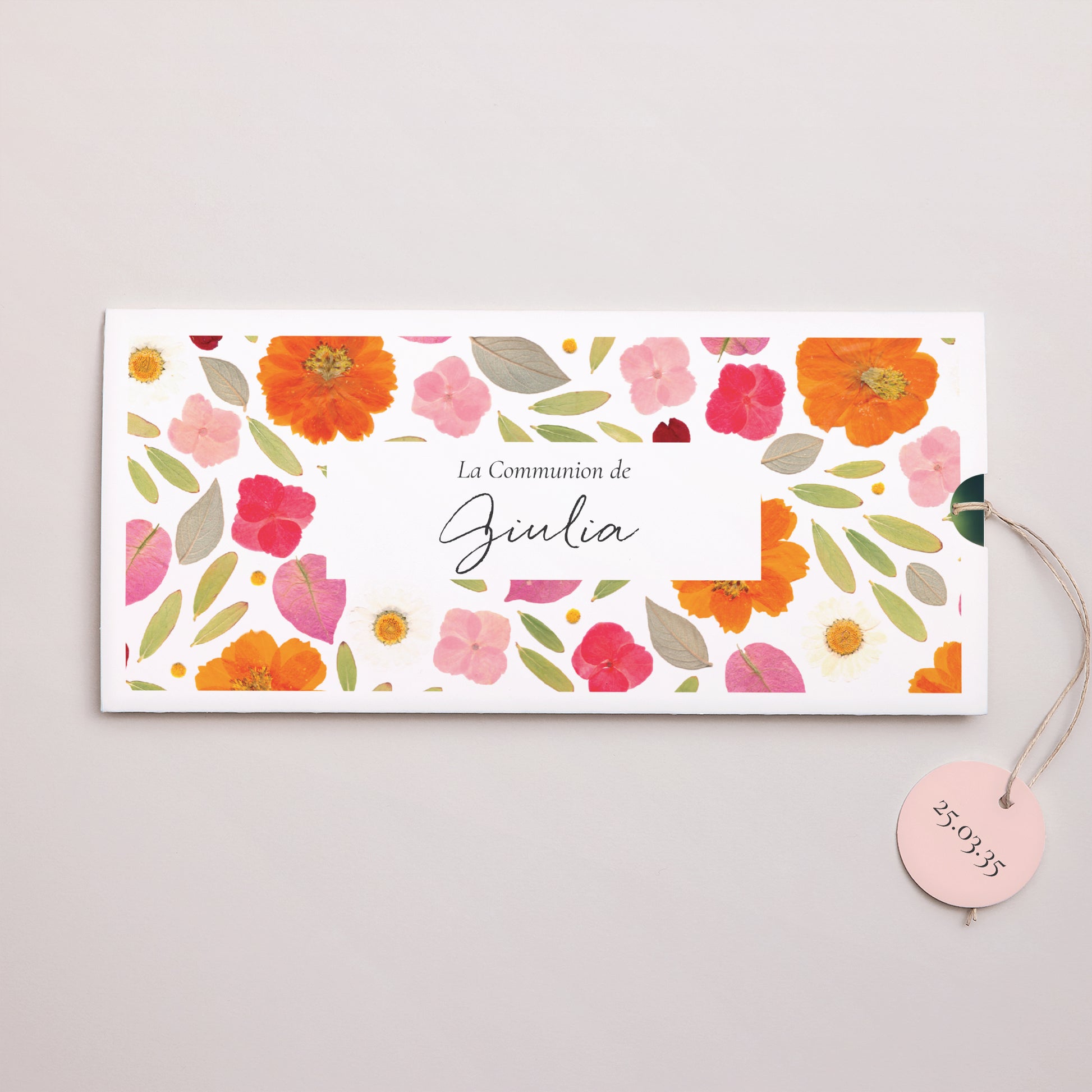 Faire-part Communion Pochette 2 cartes, étiquette Brise de Printemps photo N° 1