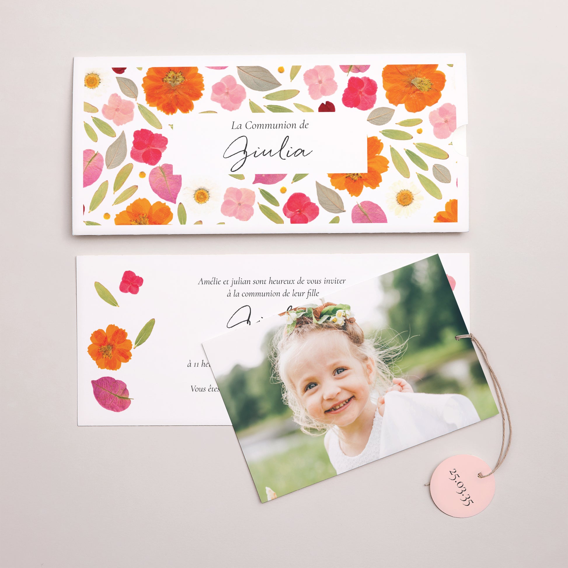 Faire-part Communion Pochette 2 cartes, étiquette Brise de Printemps photo N° 3