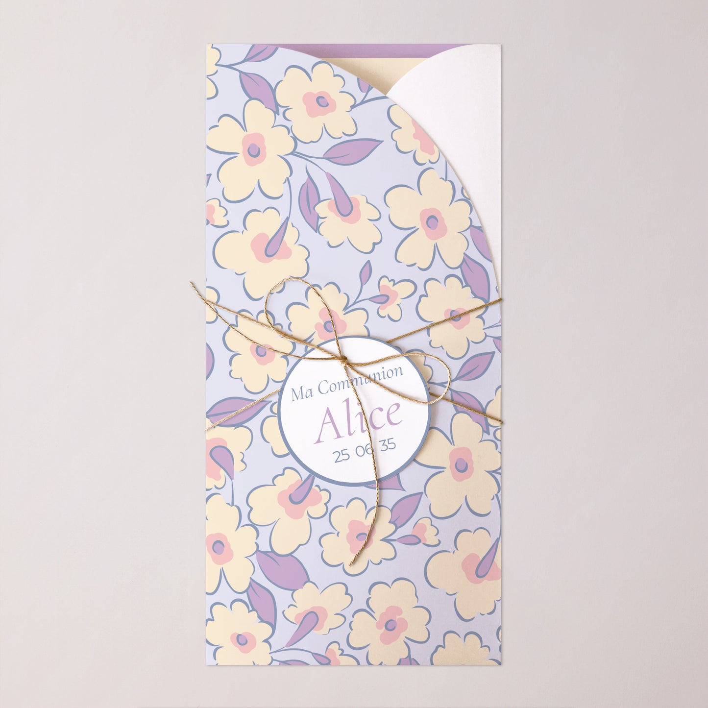 Faire-part Communion Pochette, 2 cartes, étiquette ronde Lumière & Tendresse photo N° 1