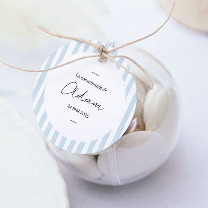 Boîte à dragées Communion boule avec étiquette ronde Entre les Lignes Bleues photo N° 1