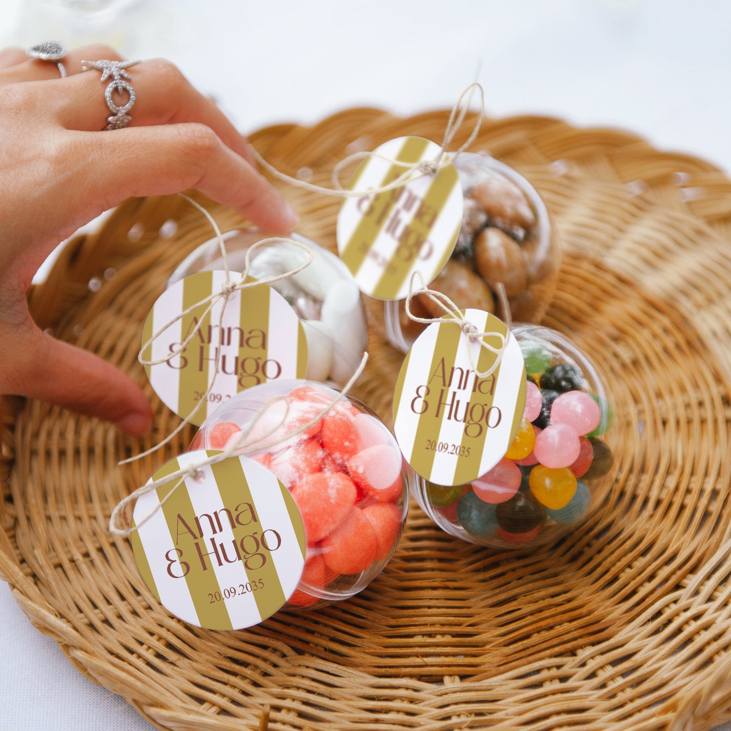 Boîte à dragées Mariage boule avec étiquette ronde Lignes Unies photo N° 2