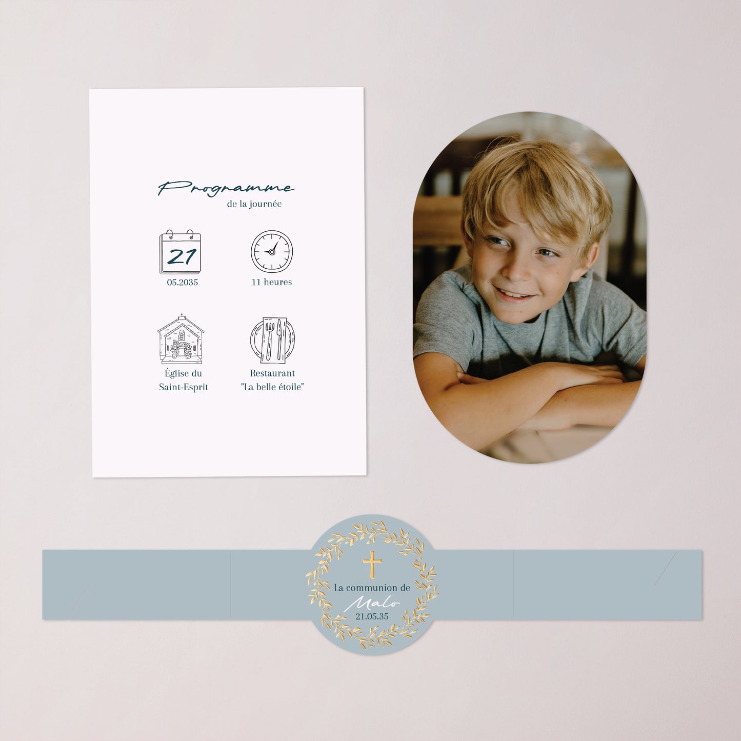 Faire-part Communion bandeau, 2 cartes Bénédiction Dorée bleue photo N° 3