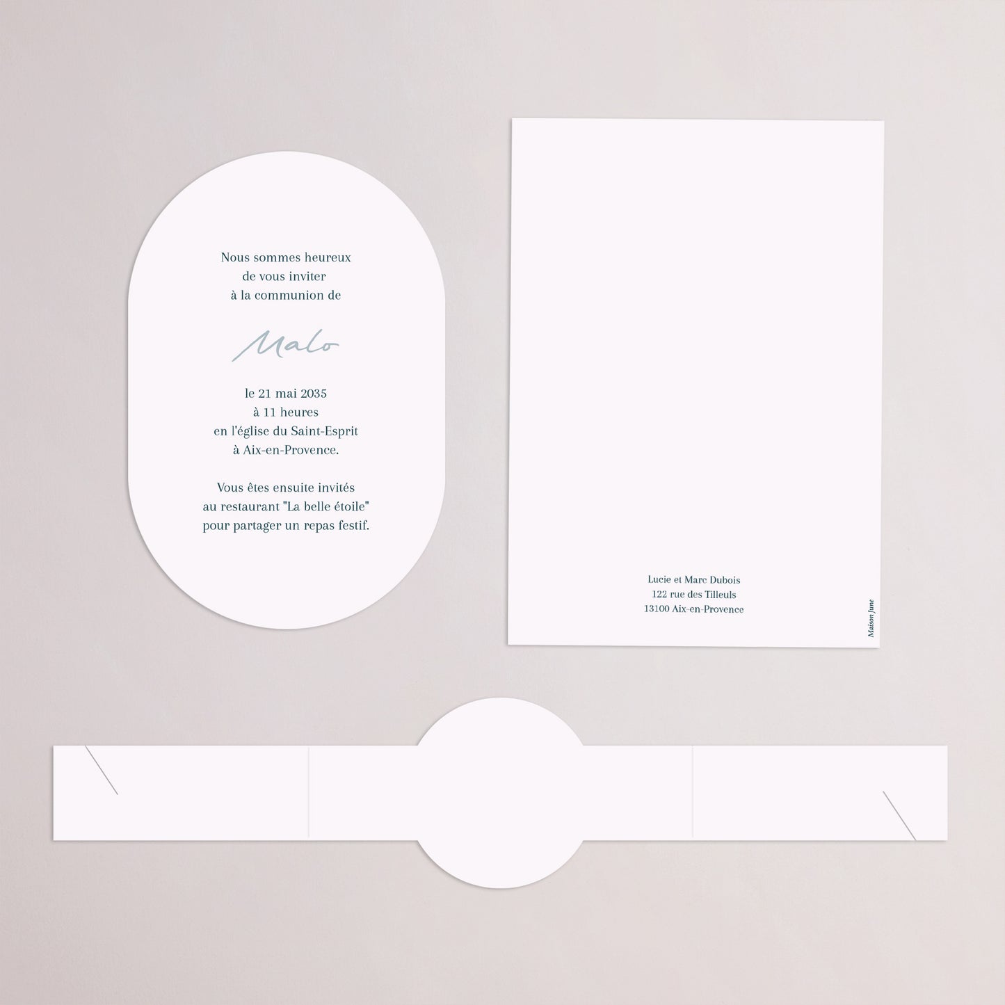 Faire-part Communion bandeau, 2 cartes Bénédiction Dorée bleue photo N° 4