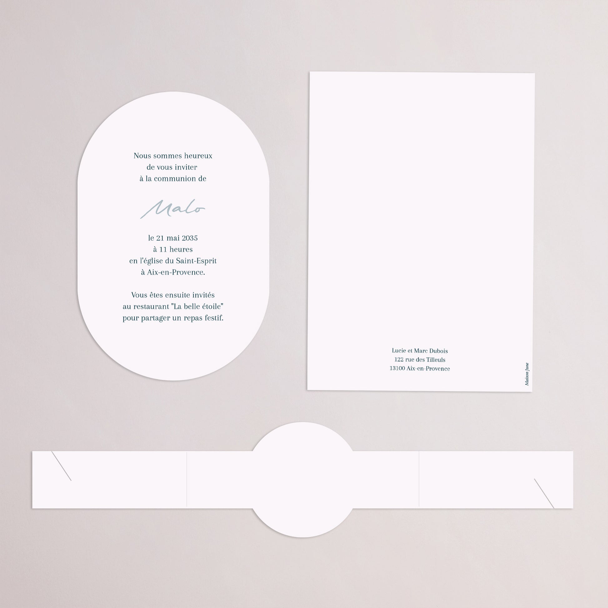 Faire-part Communion bandeau, 2 cartes Bénédiction Dorée bleue photo N° 4