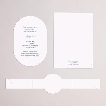 Faire-part Communion bandeau, 2 cartes Bénédiction Dorée bleue photo N° 4